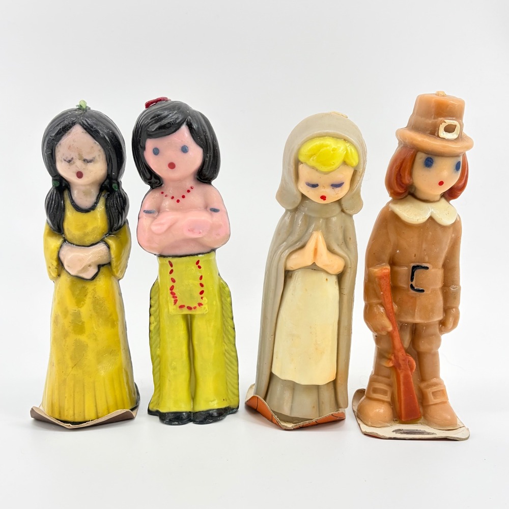 Vintage Thanksgiving Candle Set 4 Pilgrim & Indigenous Figures Mid Century Decor
